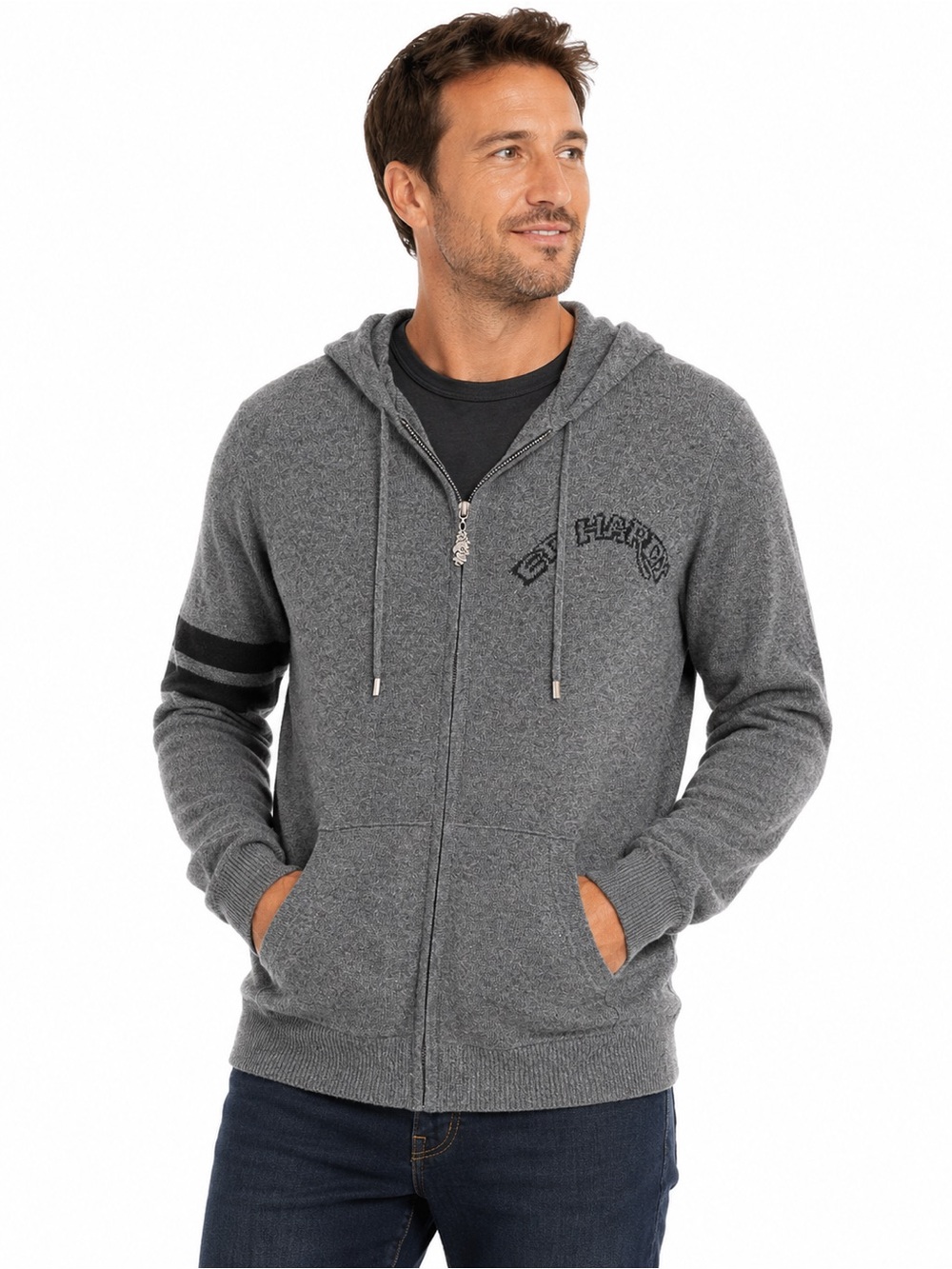 Ed Hardy Men's Grey Zip Hoodie Sweater with Black Stripe Detail